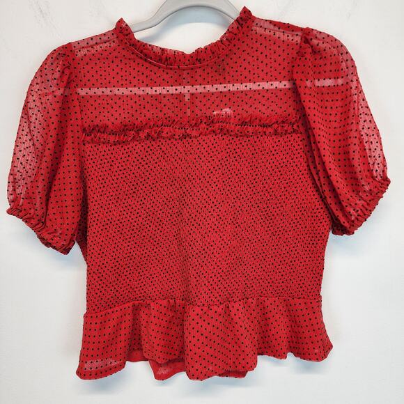 Express Smocked Peplum Polka Dot Blouse Top Size L Red Puff Sleeve Rockabilly - Picture 2 of 12